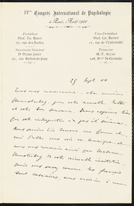 Janet, Pierre, 1859-1947 autograph letter signed to Hugo Münsterberg, Paris, 29 September 1900