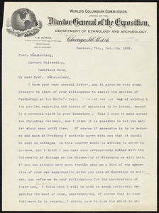 Jastrow, Joseph, 1863-1944 typed letter signed to Hugo Münsterberg, Madison, Wis., 13 November 1892