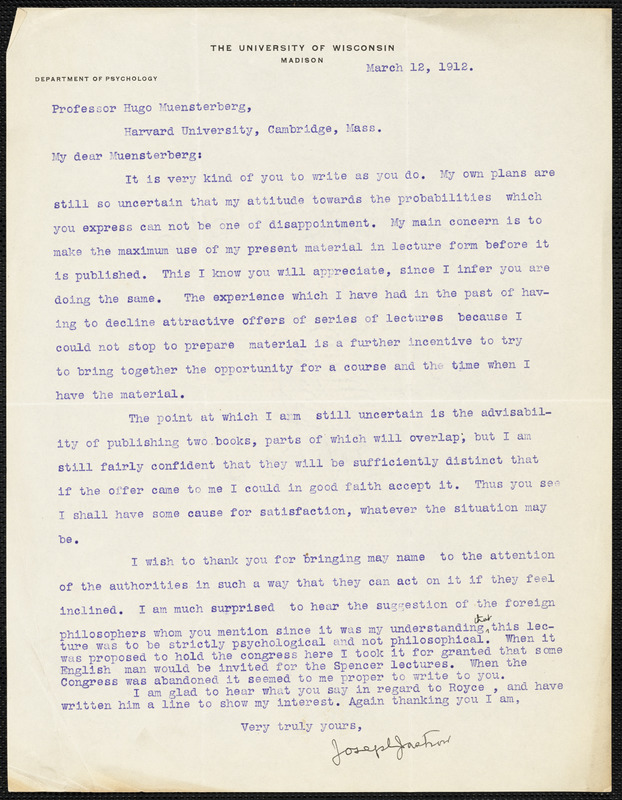 Jastrow, Joseph, 1863-1944 typed letter signed to Hugo Münsterberg ...