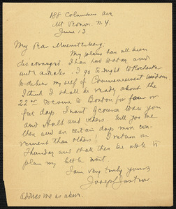 Jastrow, Joseph, 1863-1944 autograph letter signed to Hugo Münsterberg, Mt. Vernon, N.Y., 13 June