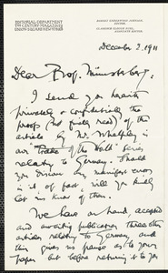 Johnson, Robert Underwood, 1853-1937 autograph letter signed to Hugo Münsterberg, New York, 2 December 1911
