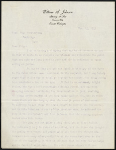 Johnson, William A., fl.1913 typed letter signed to Hugo Münsterberg, Everett, Wash., 15 November 1913