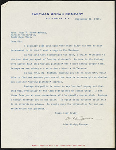 Jones, L. B. fl.1916 typed letter signed to Hugo Münsterberg, Rochester, N.Y., 21 September 1916
