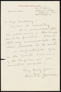 Jordan, David Starr, 1851-1931 autograph letter signed to Hugo Münsterberg, On the train, Lakeside, Utah, 27 September 1904