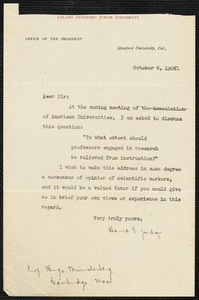 Jordan, David Starr, 1851-1931 typed letter signed to Hugo Münsterberg, Stanford Univ., Calif., 06 October 1905