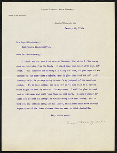 Jordan, David Starr, 1851-1931 typed letter signed to Hugo Münsterberg, Stanford Univ., Calif., 18 January 1910