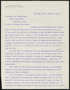 Judd, Charles Hubbard, 1873-1946 typed letter signed to Hugo Münsterberg, New Haven, Conn., 13 March 1906