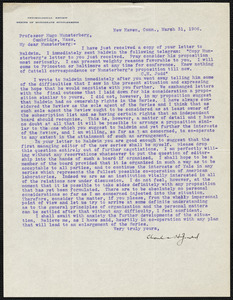 Judd, Charles Hubbard, 1873-1946 typed letter signed to Hugo Münsterberg, New Haven, Conn., 31 March 1906