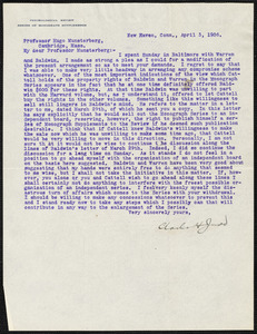 Judd, Charles Hubbard, 1873-1946 typed letter signed to Hugo Münsterberg, New Haven, Conn., 03 April 1906