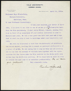 Judd, Charles Hubbard, 1873-1946 typed letter signed to Hugo Münsterberg, New Haven, Conn., 15 April 1907