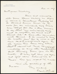 Judd, Charles Hubbard, 1873-1946 autograph letter signed to Hugo Münsterberg, New Haven, Conn., 26 December 1907