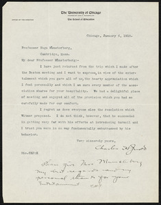 Judd, Charles Hubbard, 1873-1946 typed letter signed to Hugo Münsterberg, New Haven, Conn., 6 January 1910