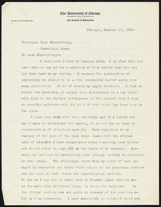 Judd, Charles Hubbard, 1873-1946 typed letter signed to Hugo Münsterberg, New Haven, Conn., 17 January 1910