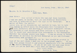 Judd, Charles Hubbard, 1873-1946 typed letter to Messrs. H.O. Houghton & Co., New Haven, Conn., 10 March 1906