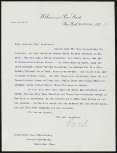 Kahn, Otto Hermann, 1867-1934 typed letter signed to Hugo Münsterberg, New York, 18 February 1907