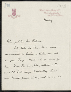 Kahn, Otto Hermann, 1867-1934 autograph letter signed to Hugo Münsterberg, Berlin, 1911?