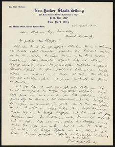 Kantor, N. Norbert, fl.1910 autograph letter signed to Hugo Münsterberg, New York, 25 April 1910