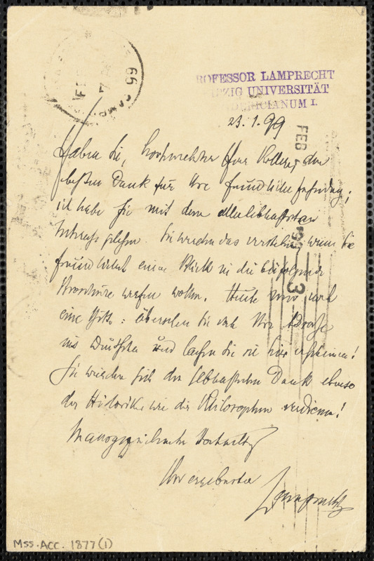 Lamprecht, Karl G., 1856-1915 autograph note signed to Hugo Münsterberg, Leipzig, 23 January 1899