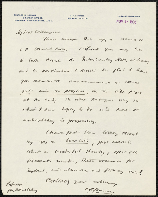 Lanman, Charles Rockwell, 1850-1941 autograph letter signed to Hugo ...