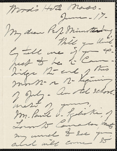 Lillie, Emily Ann (Rattray) autograph letter signed to Hugo Münsterberg, Wood's Hole, Mass., 17 June