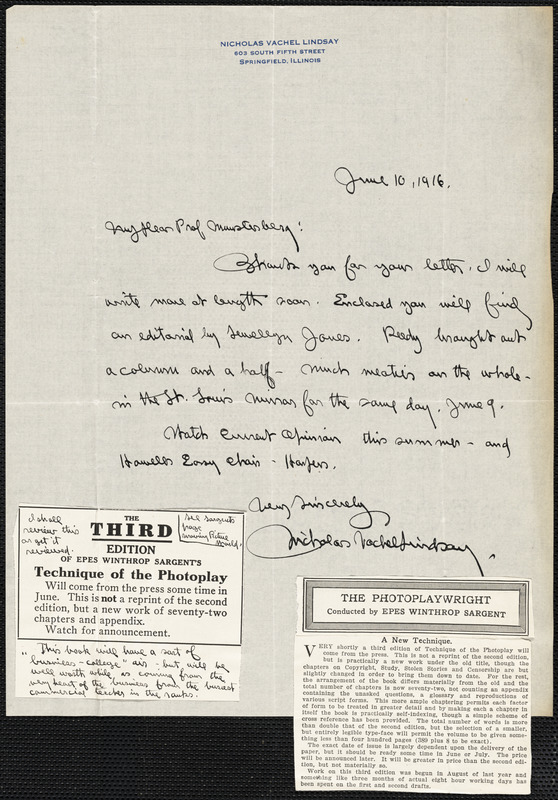 Lindsay, Vachel, 1879-1931 autograph letter signed to Hugo Münsterberg, Springfield, Ill., 10 June 1916
