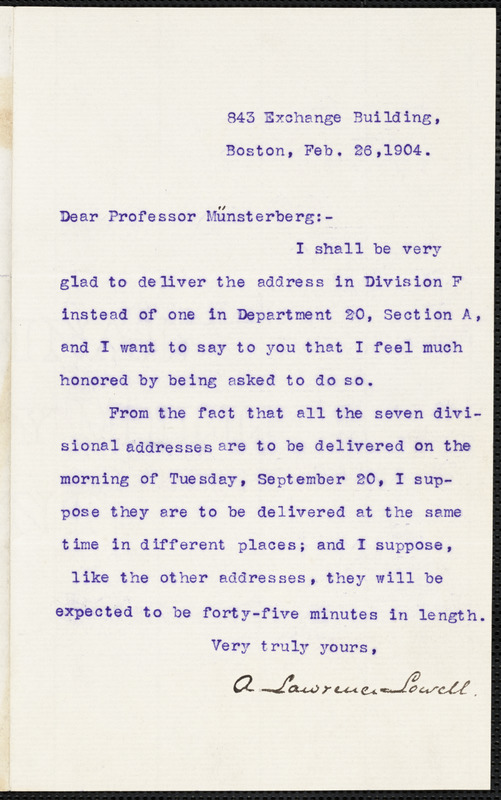 Lowell, A. Lawrence (Abbott Lawrence), 1856-1943 typed letter signed to ...