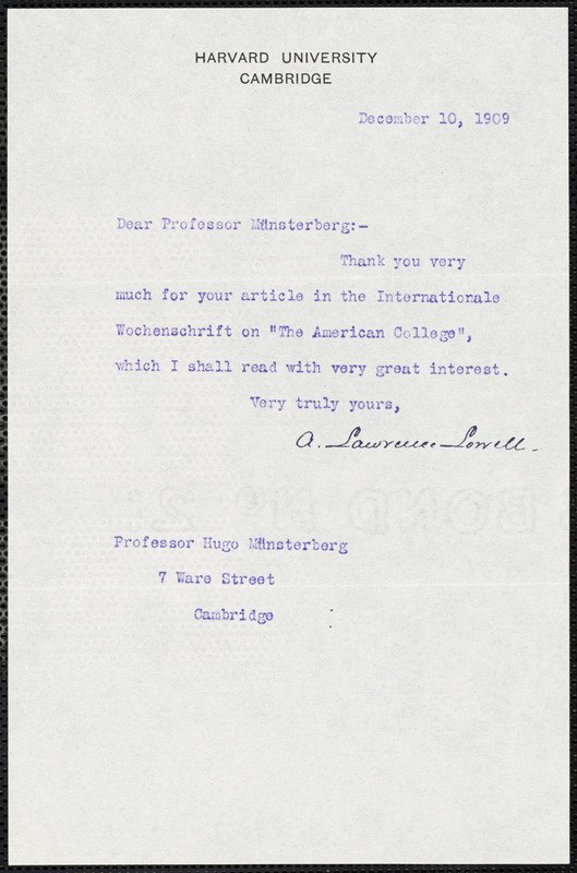 Lowell, A. Lawrence (Abbott Lawrence), 1856-1943 Typed Note Signed To ...