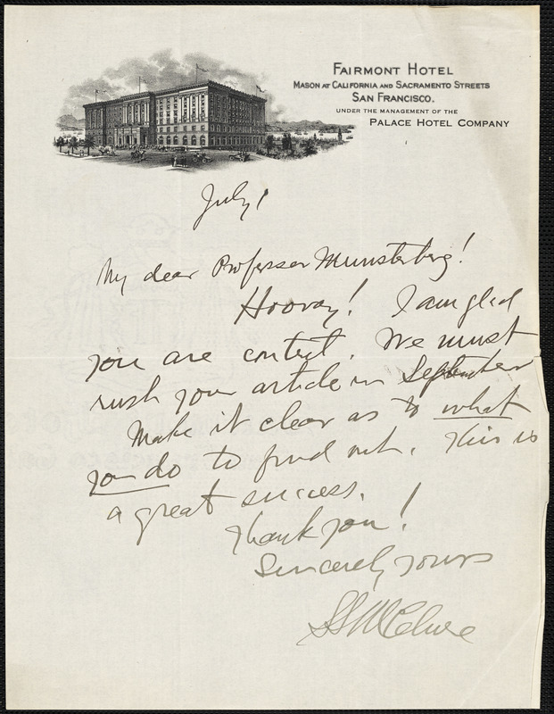 McClure, S. S. (Samuel Sidney), 1857-1949 autograph note signed to Hugo ...