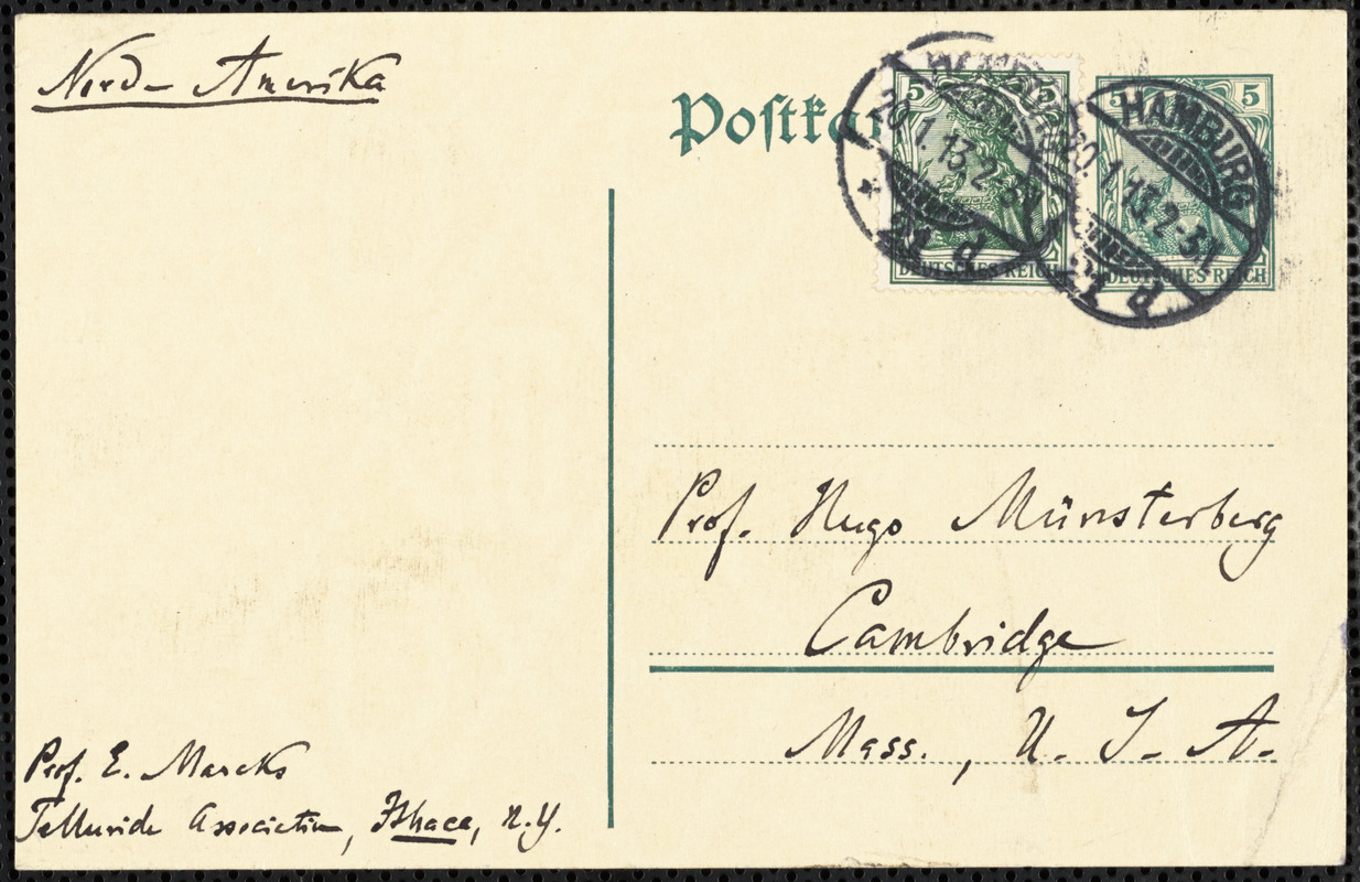 Marcks, Erich, 1861-1938 autograph note signed to Hugo Münsterberg, Hamburg, Ger., 20 January 1913