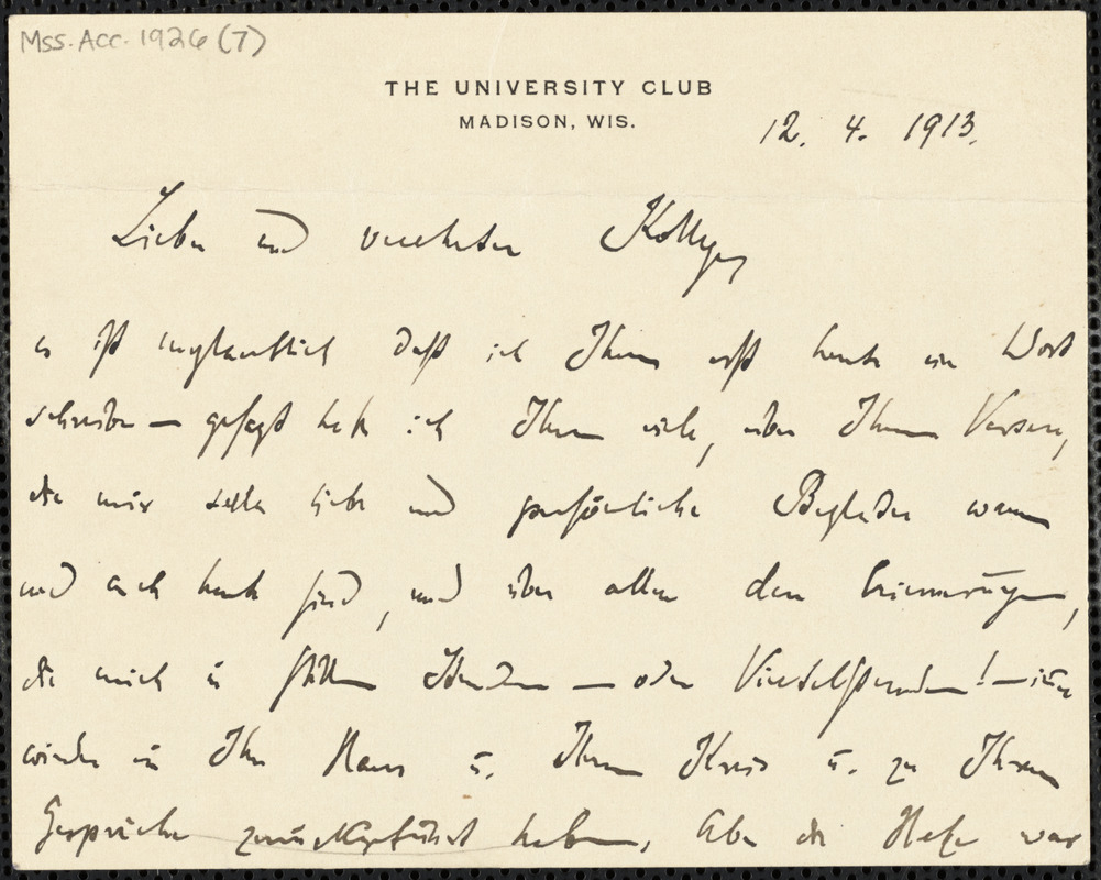 Marcks, Erich, 1861-1938 autograph letter signed to Hugo Münsterberg, Madison, Wis., 12 April 1913