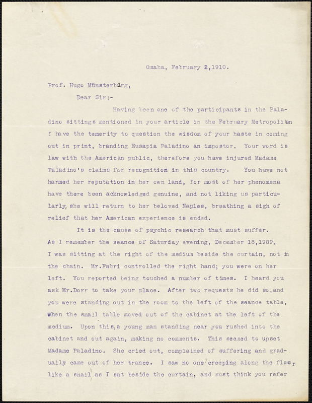 Millard, Almira B. Typed Letter Signed To Hugo Münsterberg, Omaha, Neb ...