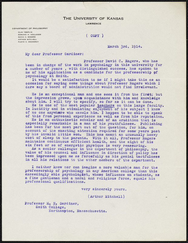 Mitchell, Arthur. T. copy of letter to Norman Gardiner., 3 March 1914