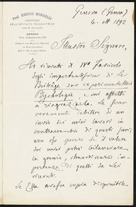 Morselli, Enrico Agostino, 1852-1929 autograph letter signed to Hugo Münsterberg, Genova, Italy, 04 October 1892