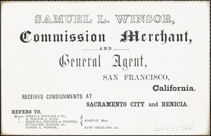Business card, Samuel L. Winsor, commission merchant