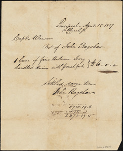 Liverpool, invoice/receipt from John Bagshaw, April 15, 1837 for "fine balance ivory handled knives with french forks"