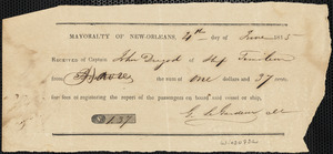 Receipt from Mayoralty of New Orleans for registering the report of passengers on board the Timoleon