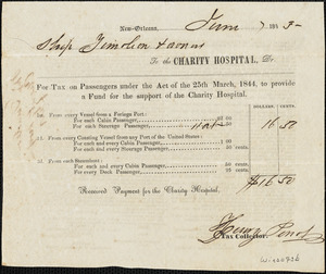 Receipt from Charity Hospital, New Orleans for tax paid on passengers under the Act of the 25th March, 1844 to provide a fund for support of the Charity Hospital