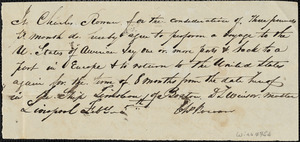 Agreement between Ct. Charles Rowan, steward and Capt. D.L. Winsor signed at Liverpool, Feb. 5 no year. A voyage between United States and Europe