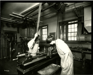 Two female students in woodshop