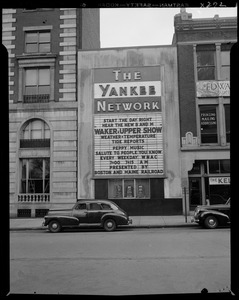 Yankee Network letter board sign advertising Waker-Upper Show on WNAC sponsored by Boston and Maine Railroad