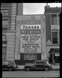 Yankee Network letter board sign advertising the 8 a.m. edition of Yankee Network News Service on WNAC sponsored by G. Washington instant broth
