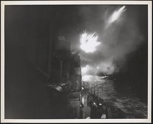In the Solomons, during a night battle October 21, 1943, five-inch guns spearhead the attack