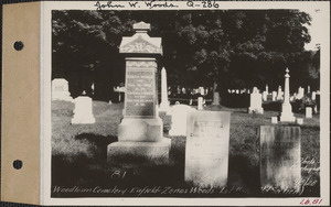 Zenas Woods, Woodlawn Cemetery, old section, lot 40, Enfield, Mass., Sept. 8, 1928