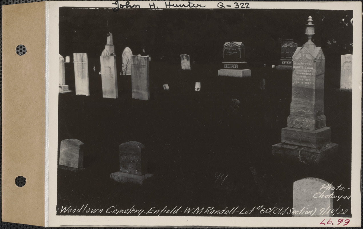 W. M. Randall, Woodlawn Cemetery, old section, lot 60, Enfield, Mass., Sept. 10, 1928