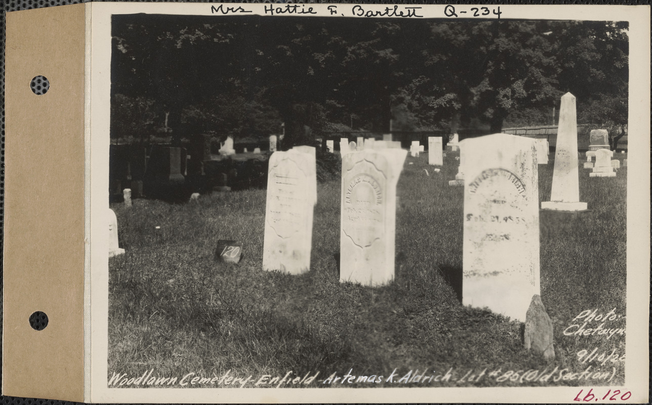 Artemas K. Aldrich, Woodlawn Cemetery, old section, lot 85, Enfield, Mass., Sept. 10, 1928