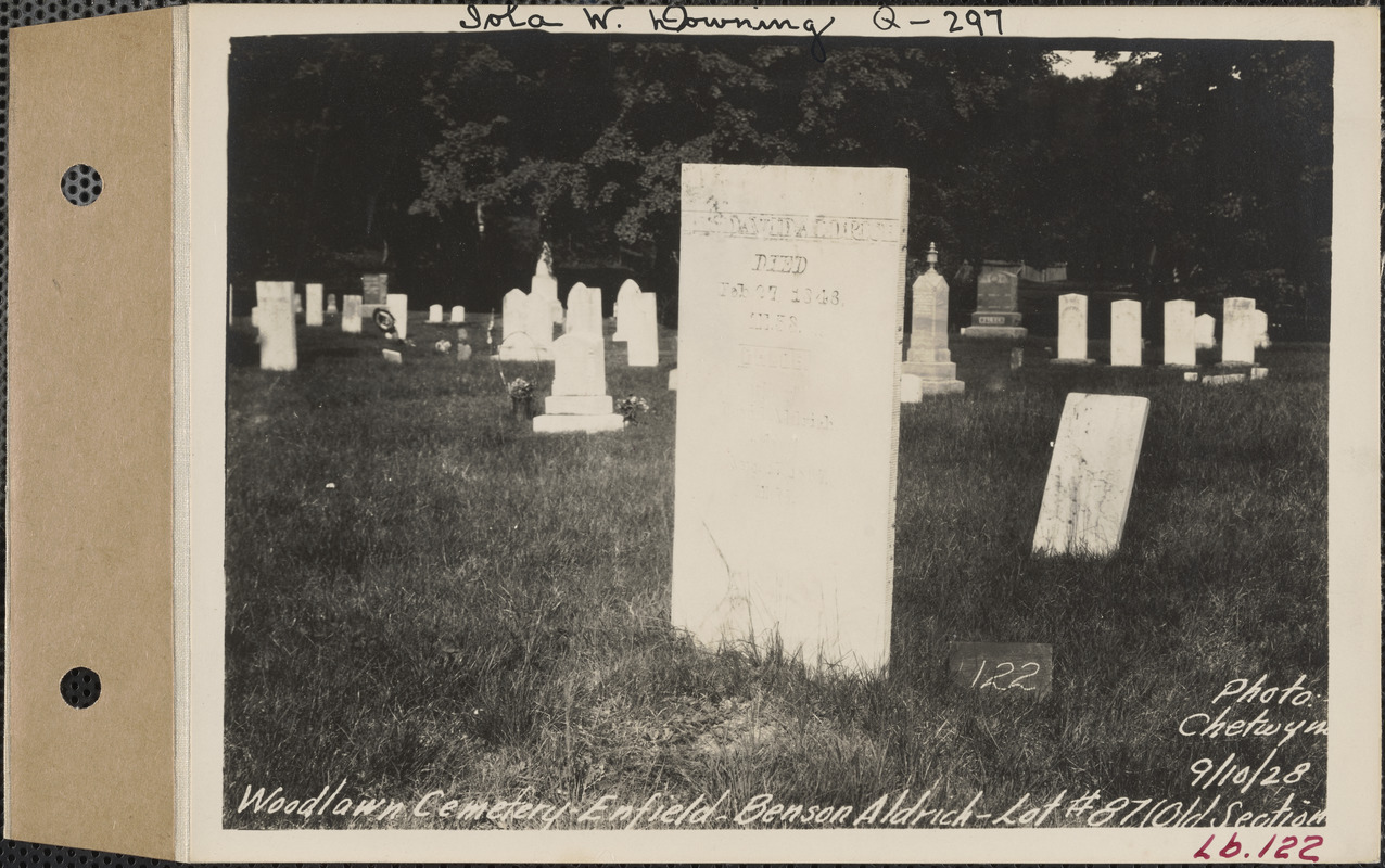 Benson Aldrich, Woodlawn Cemetery, old section, lot 87, Enfield, Mass., Sept. 10, 1928