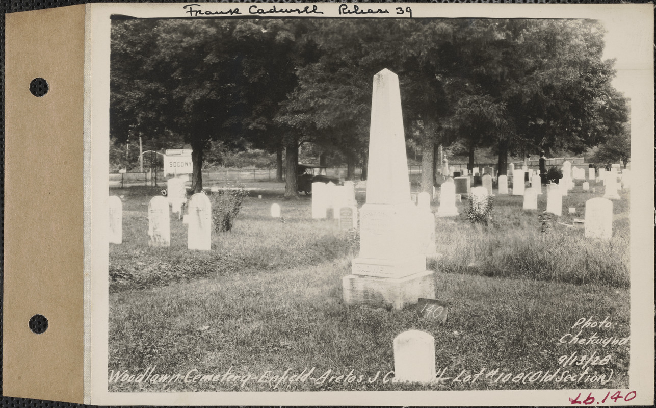 Aretas J. Cadwell, Woodlawn Cemetery, old section, lot 108, Enfield, Mass., Sept. 13, 1928