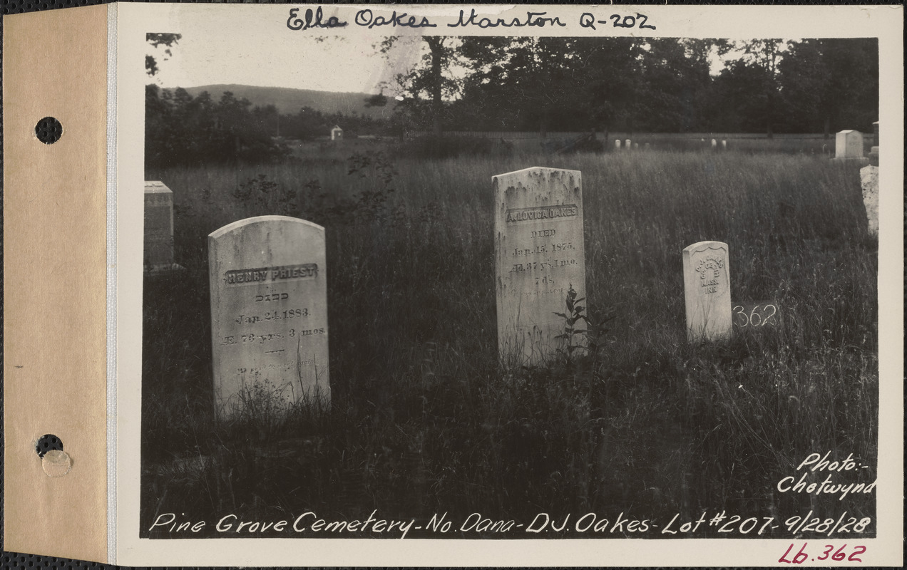D. J. Oakes, Pine Grove Cemetery, lot 207, North Dana, Mass., Sept. 28