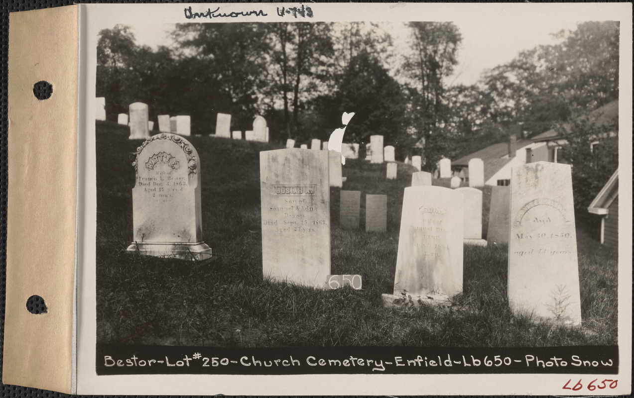 Bestor, Church Cemetery, lot 250, Enfield, Mass., ca. 1930-1931