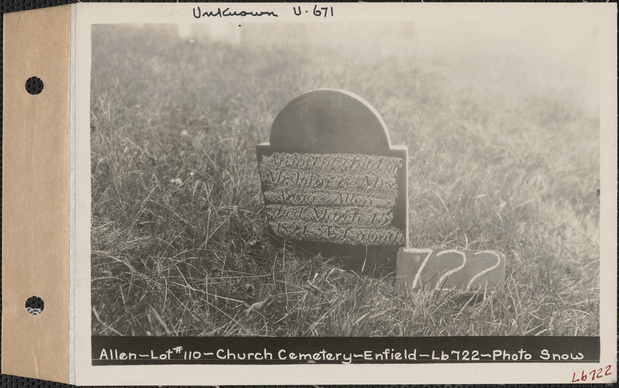 Allen, Church Cemetery, lot 110, Enfield, Mass., ca. 1930-1931